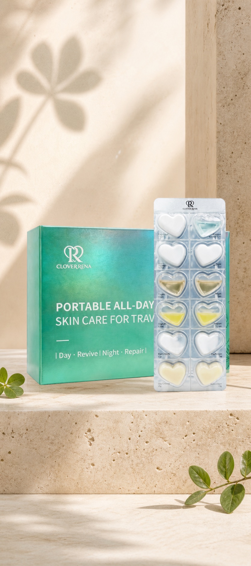 Heart-shaped single-use skincare sheets prepared for travel